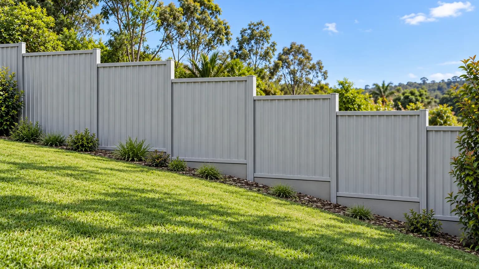 Light grey steel panel fence stepping down a sloping lawn