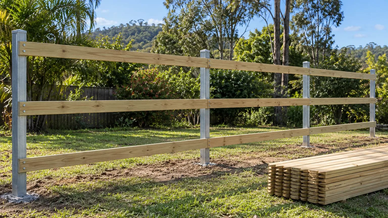 Fence being built: steel posts and timber rails in a line, with a stack of new palings on the grass