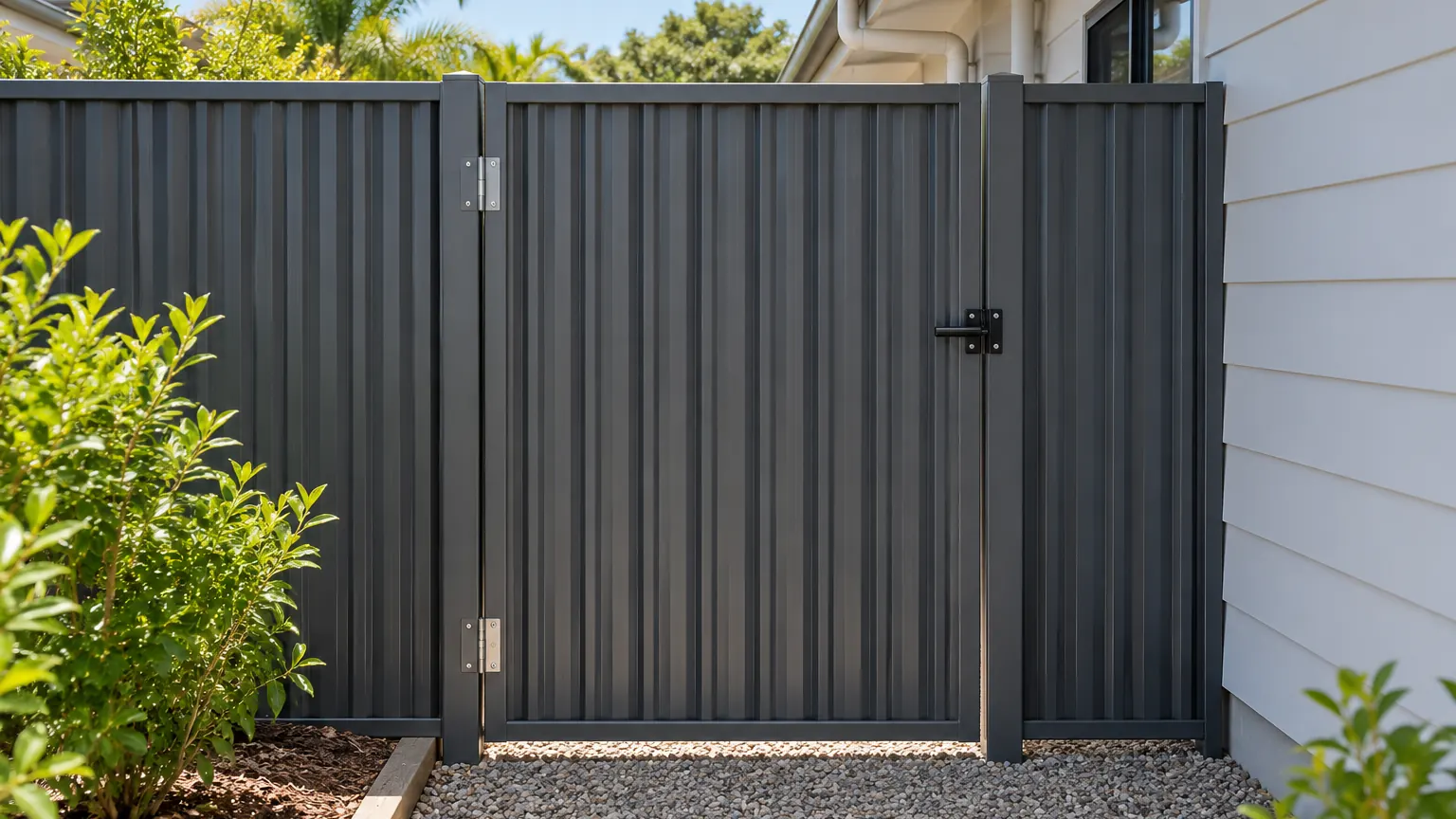 Charcoal steel single gate and matching fence panels beside the side of a house
