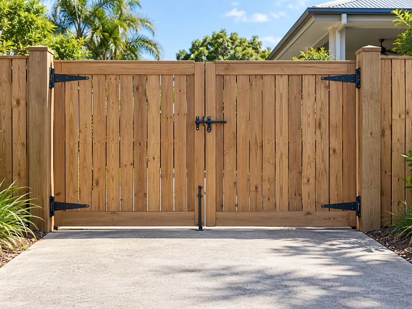 Pair of timber driveway gates with black strap hinges, a latch and a drop bolt