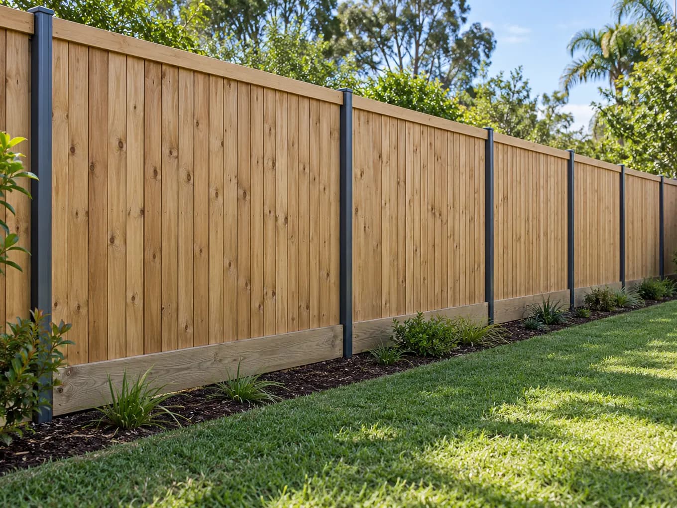 Timber paling fence on dark steel posts with a timber sleeper along the bottom and capping on top