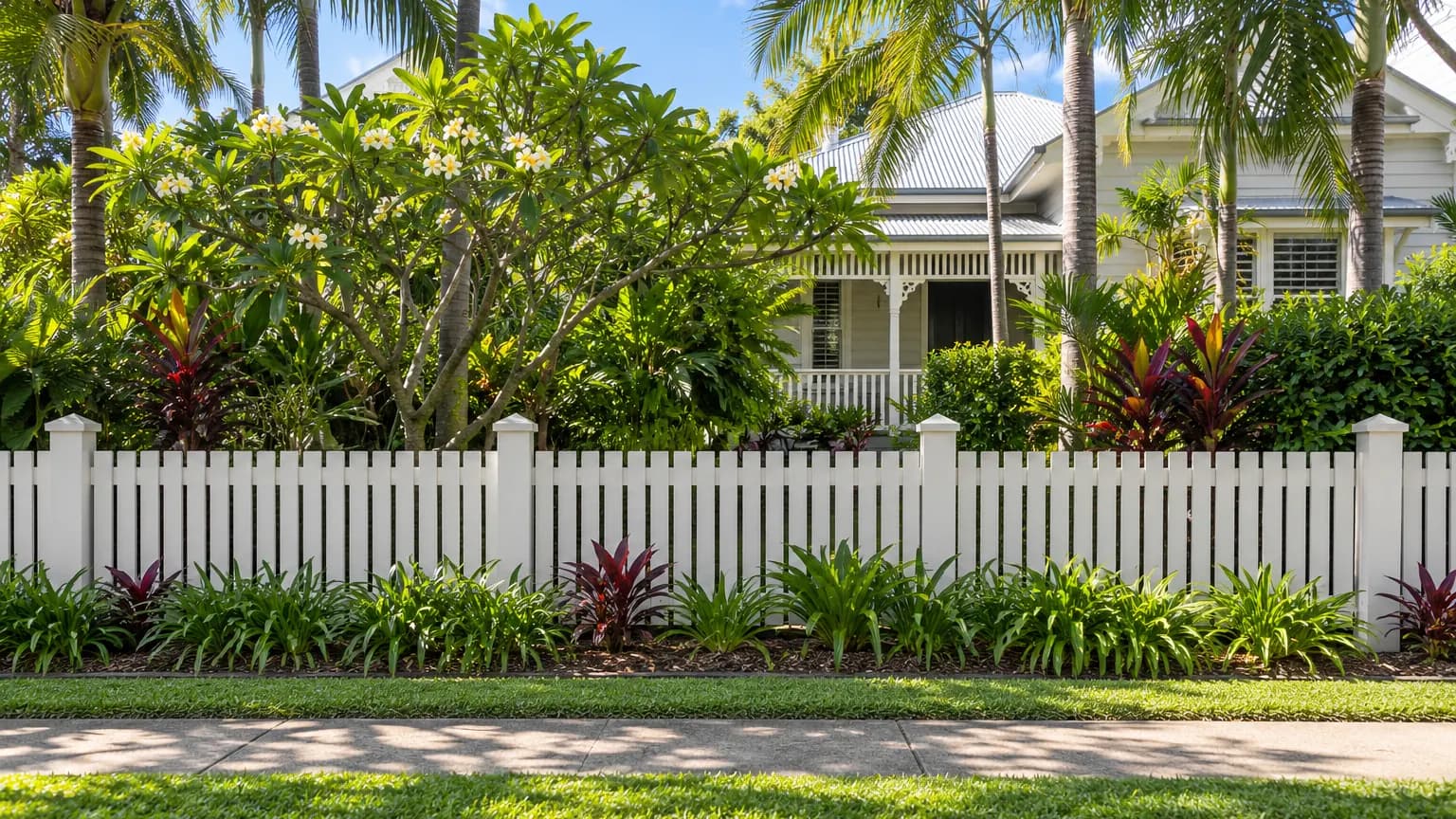 White timber picket front fence with a tropical garden and a Queenslander-style house behind