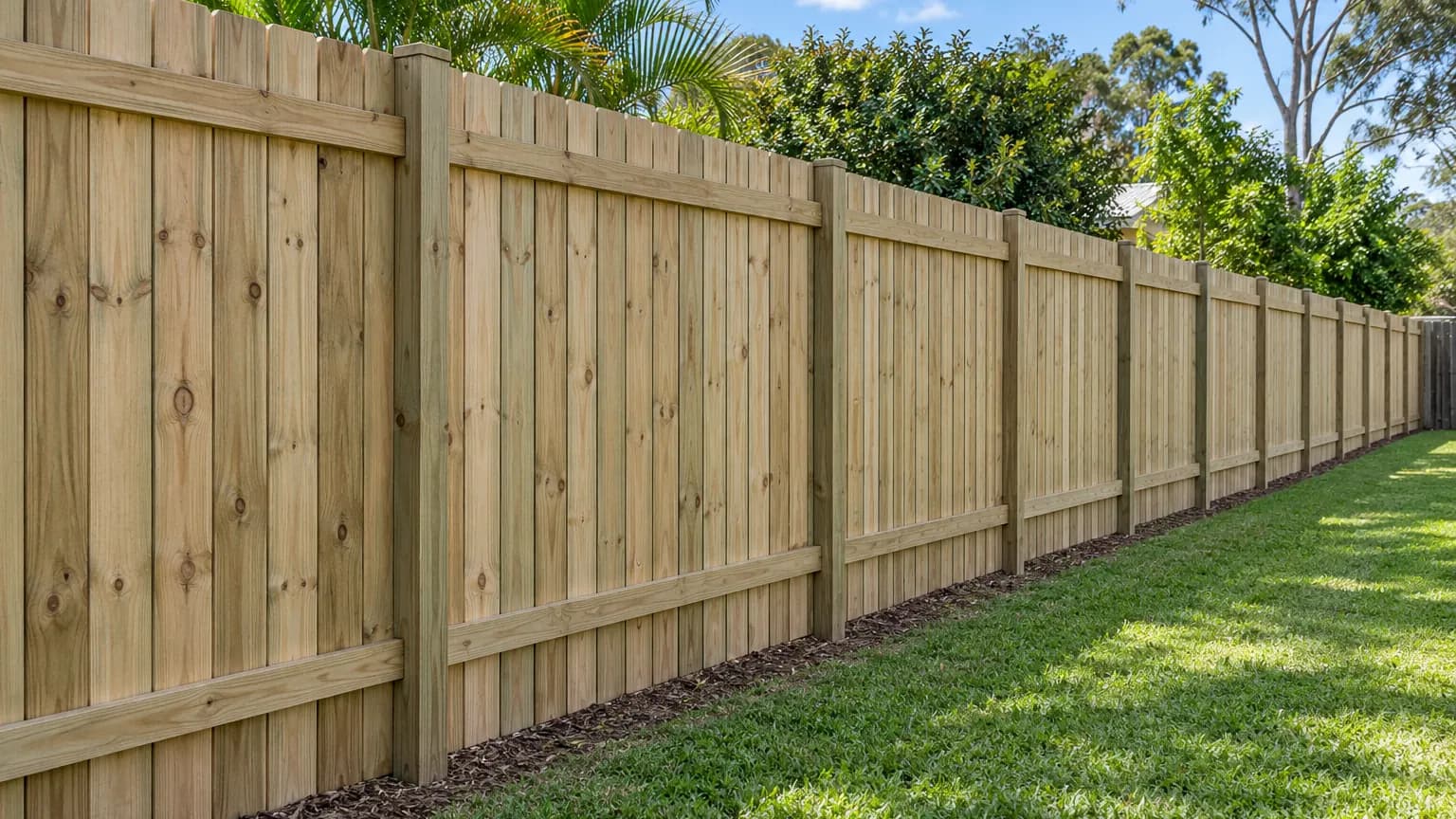 Long timber paling fence with timber posts and rails down a grassy side boundary
